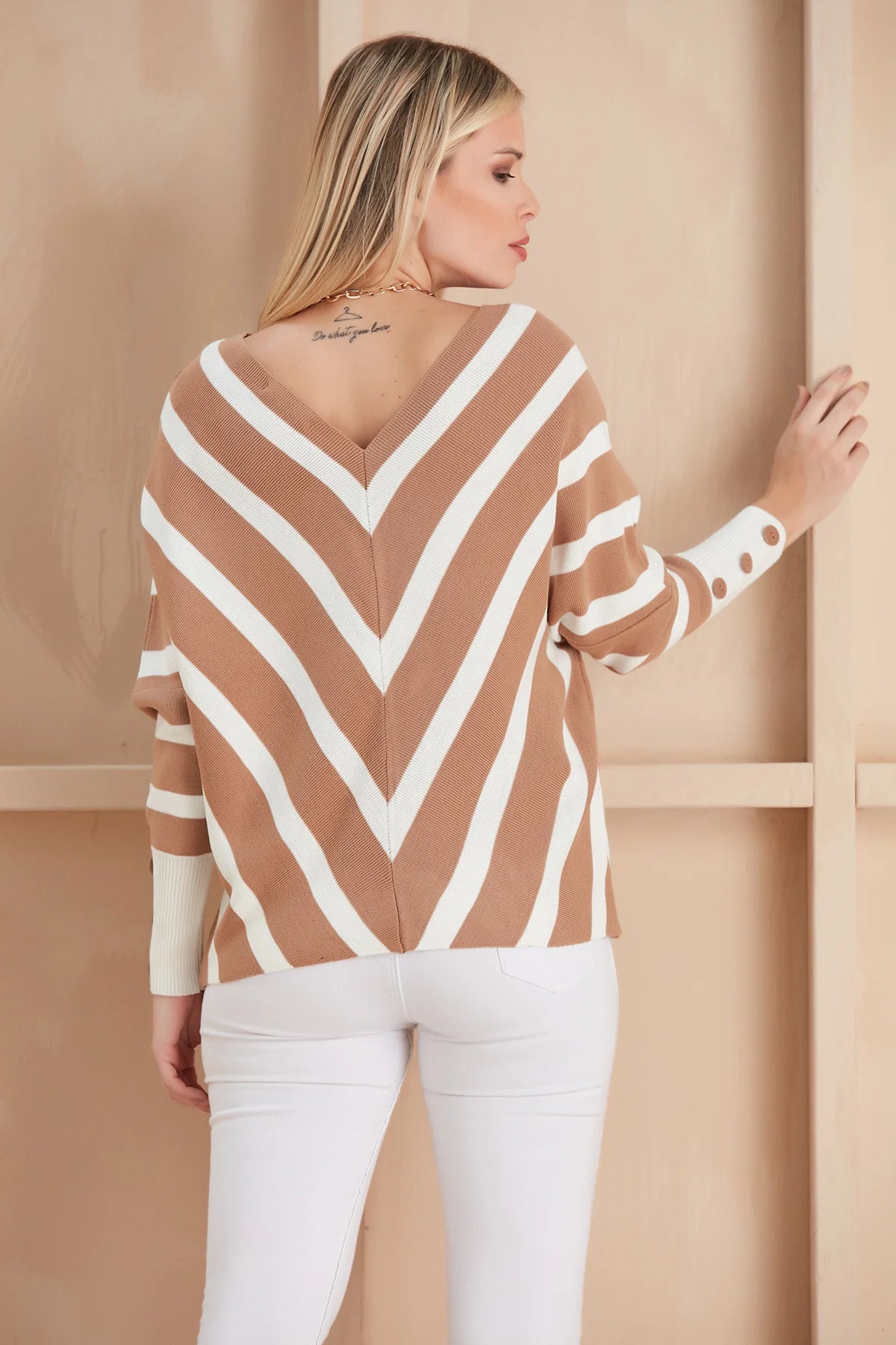 Off Shoulders Striped Knitted Sweater with Buttons in Camel