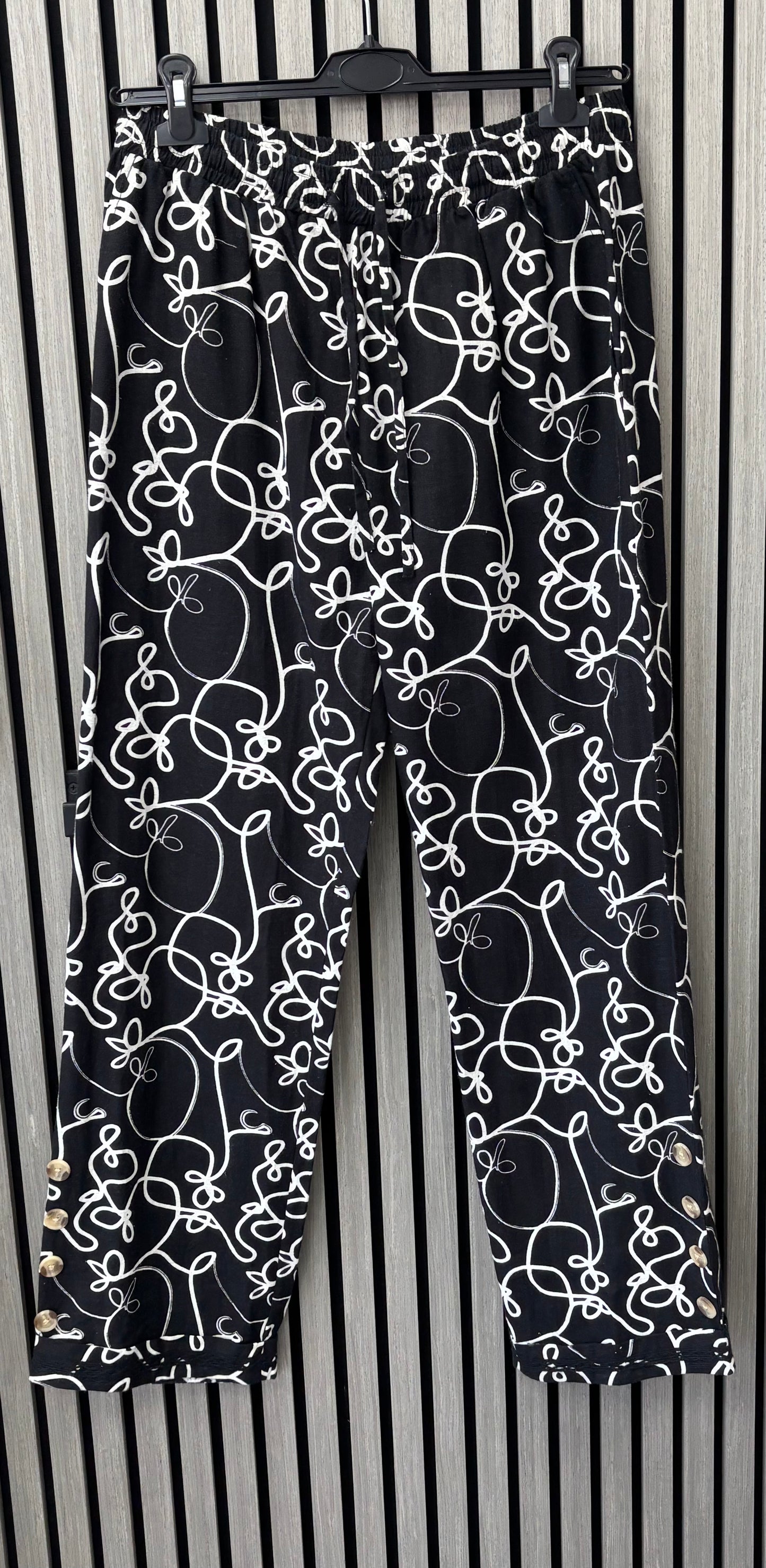 Black Swirly Linen Trousers with Buttons