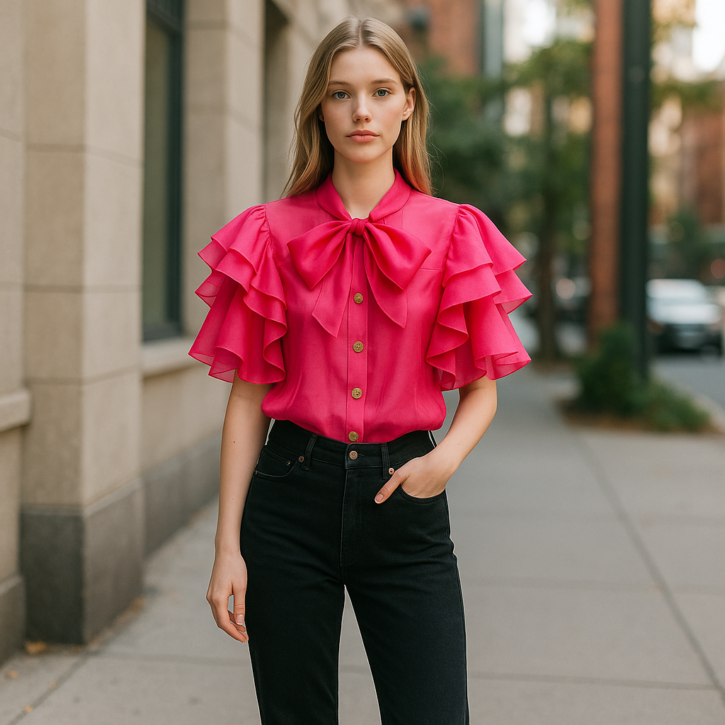 Pink Blouse with Tie and Diamante Buttons
