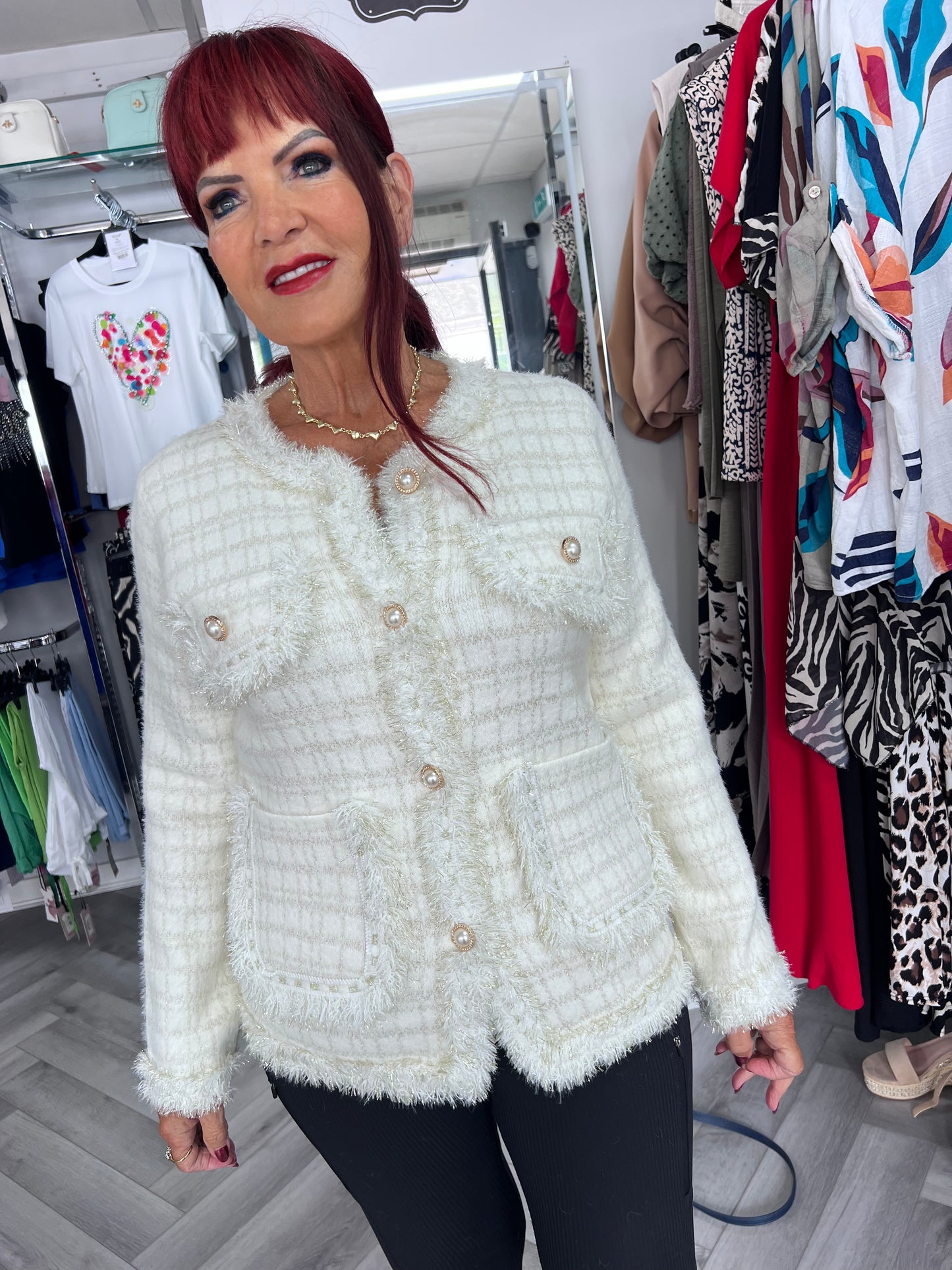 Pearl Button Check Knit Jacket/Cardi