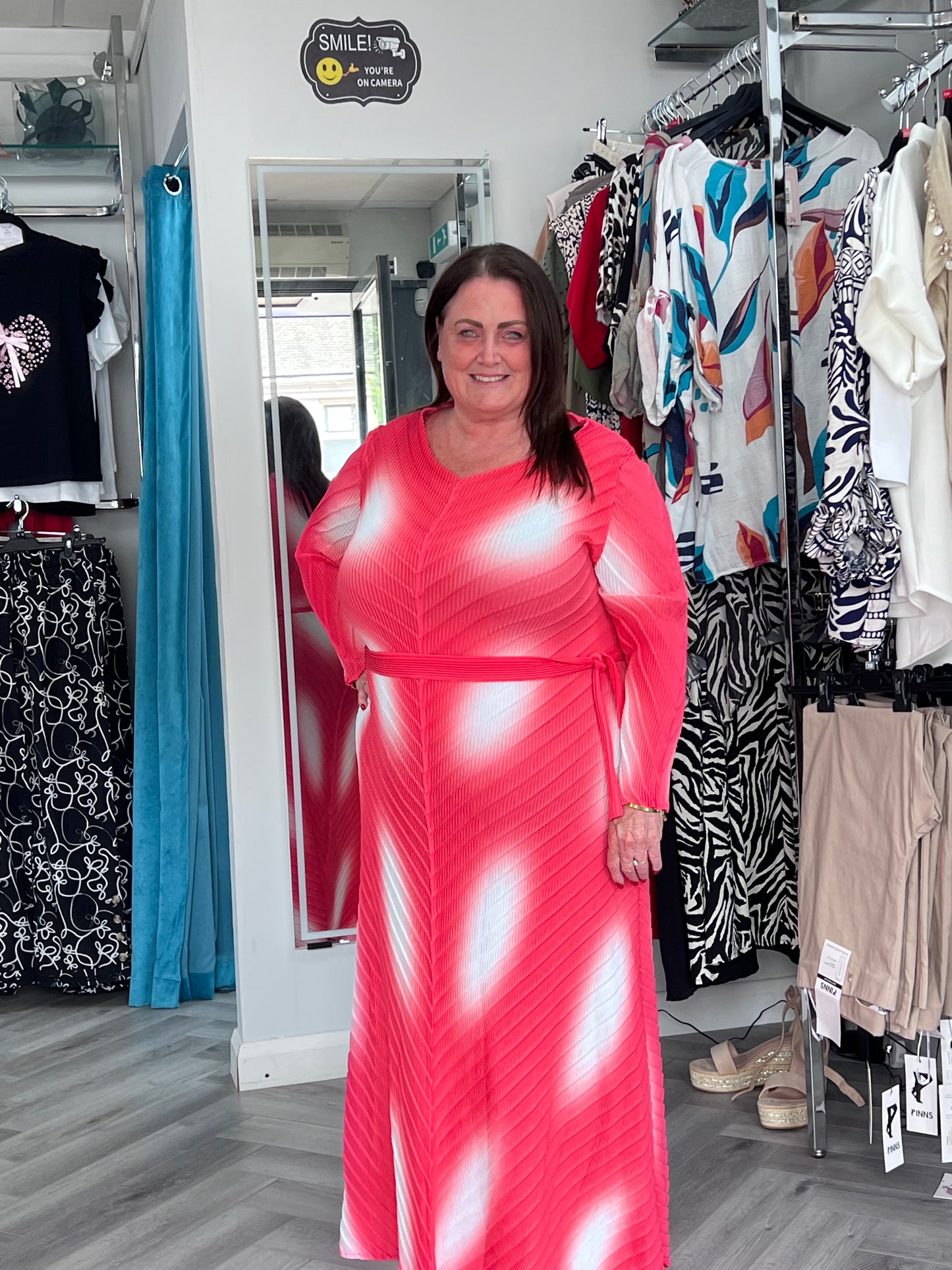 coral pleated 2 tone printed dress