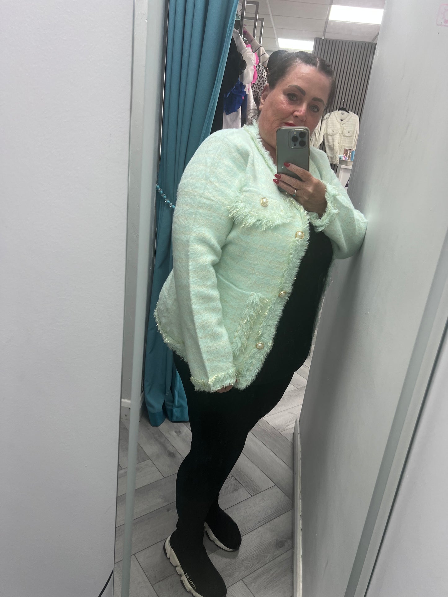 Pearl Button Check Knit Jacket/Cardi