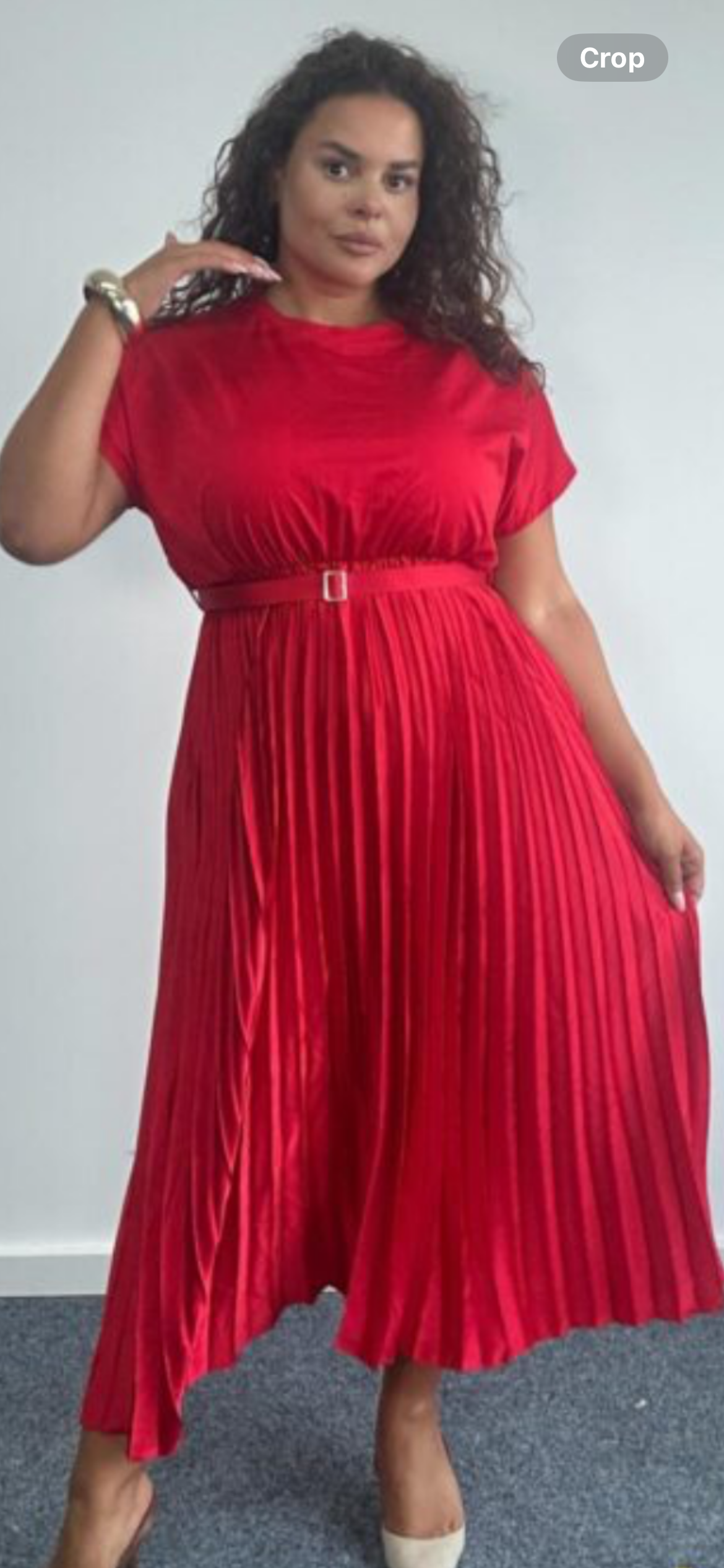 Curve Plus Size Belted Pleated Midi Dress with Pockets