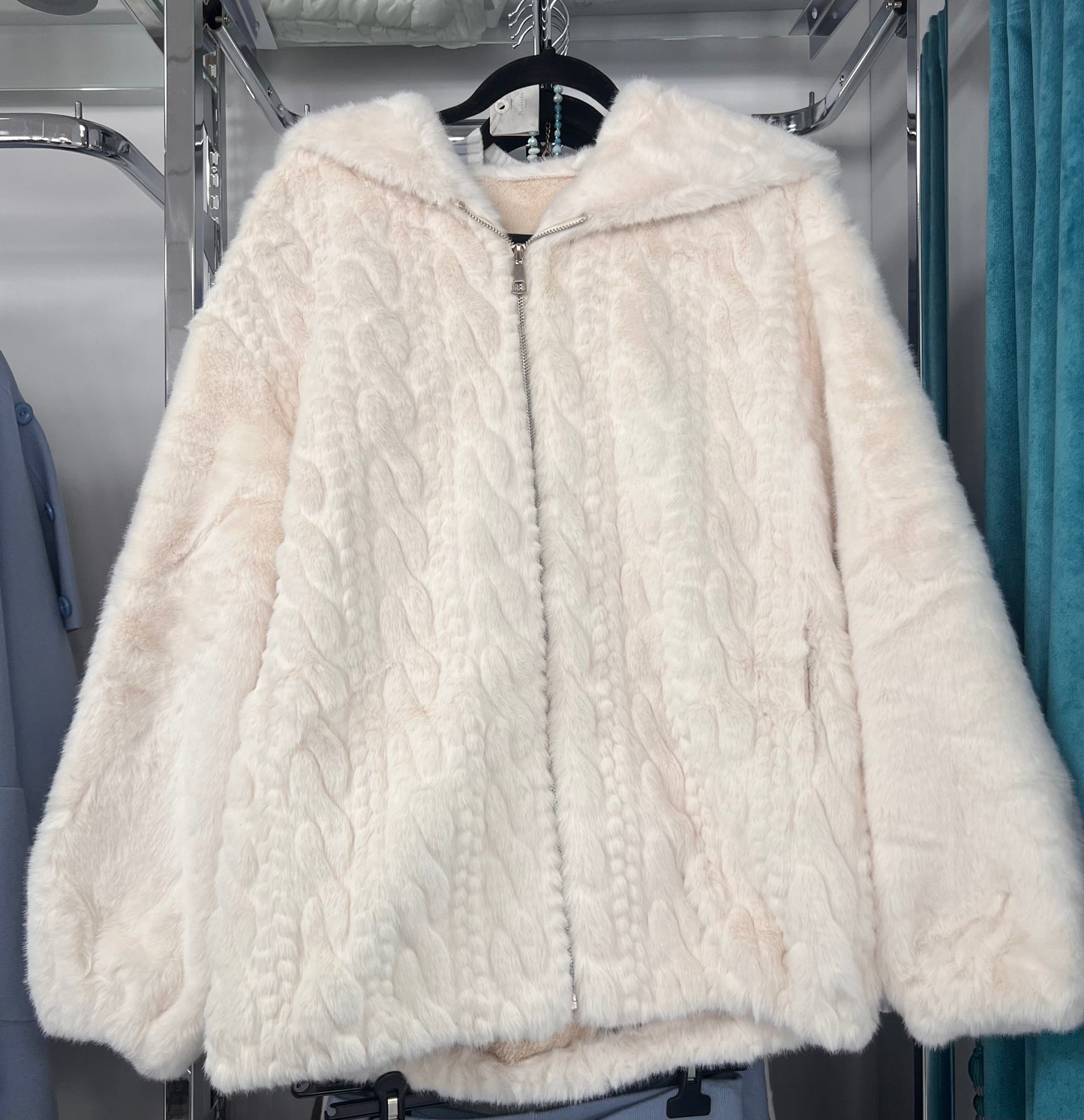 Cable detail Faux Fur Jacket with Hood