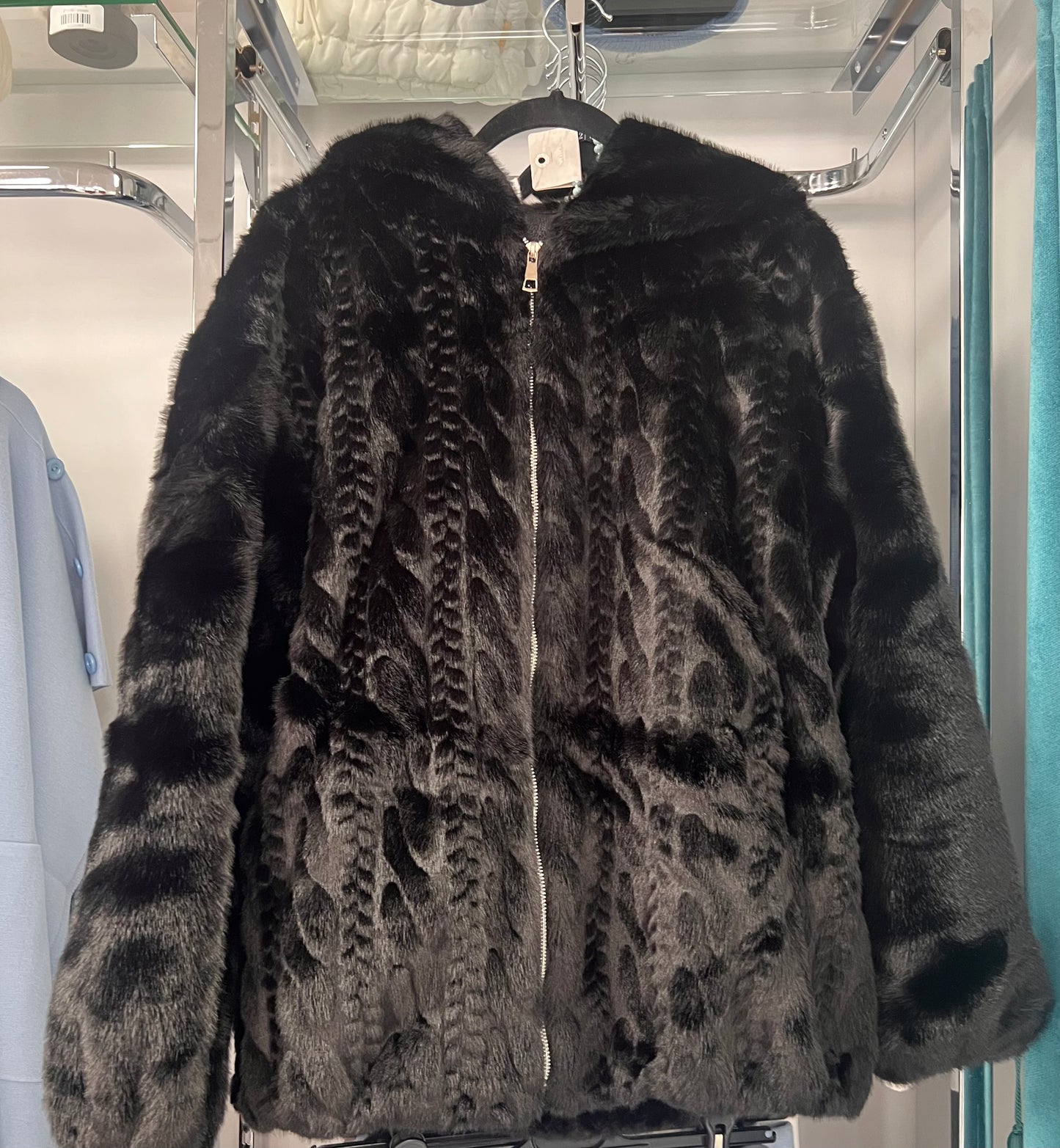 Cable detail Faux Fur Jacket with Hood