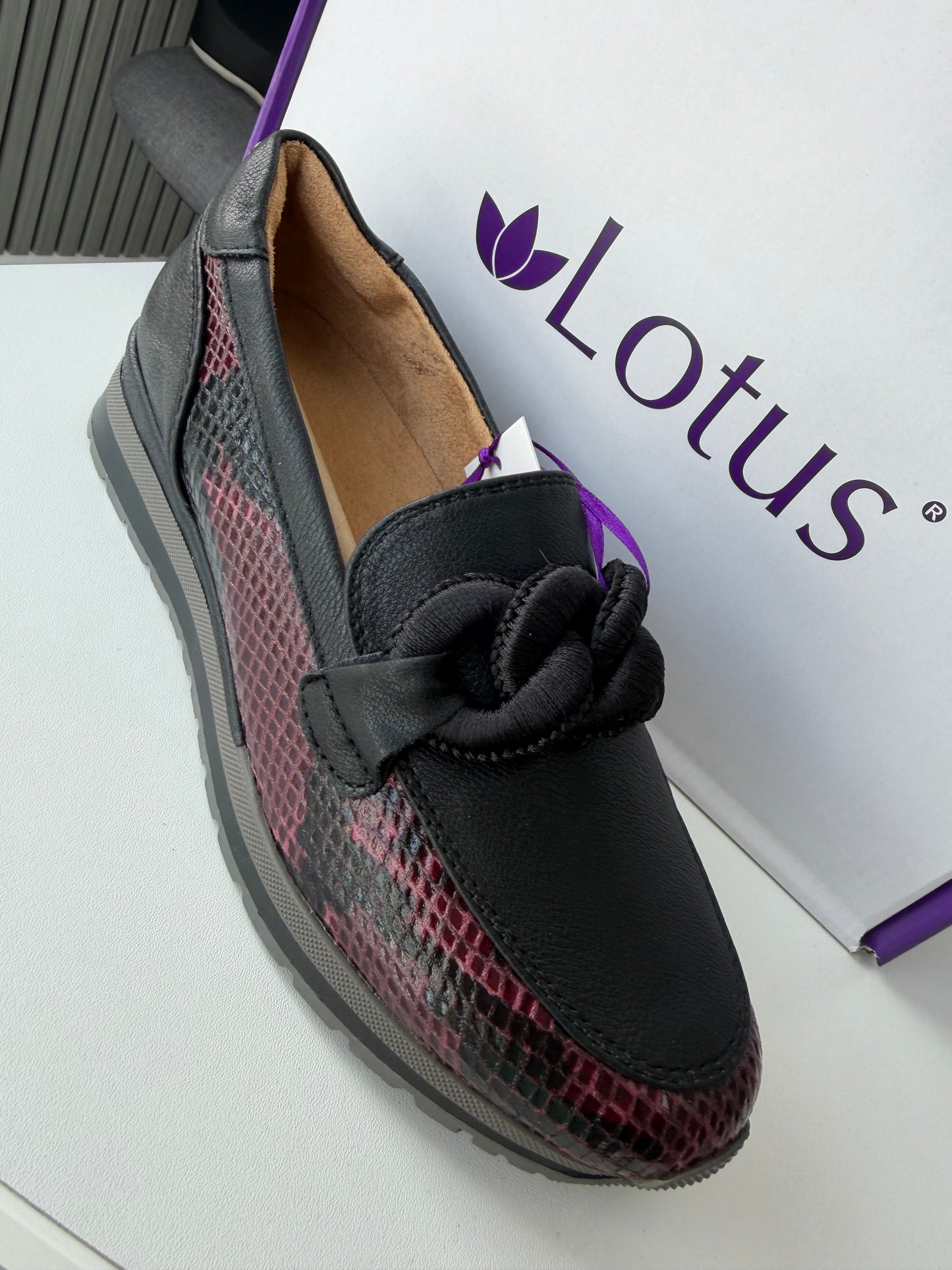 Maybelle Bordo/snake Print shoe by Lotus