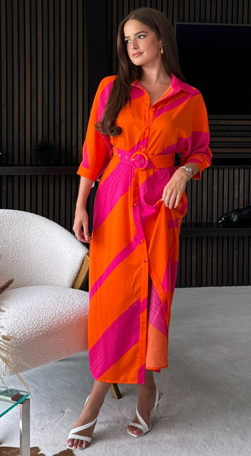 Adrian Orange Pink Buckle Wrap Shirt Dress