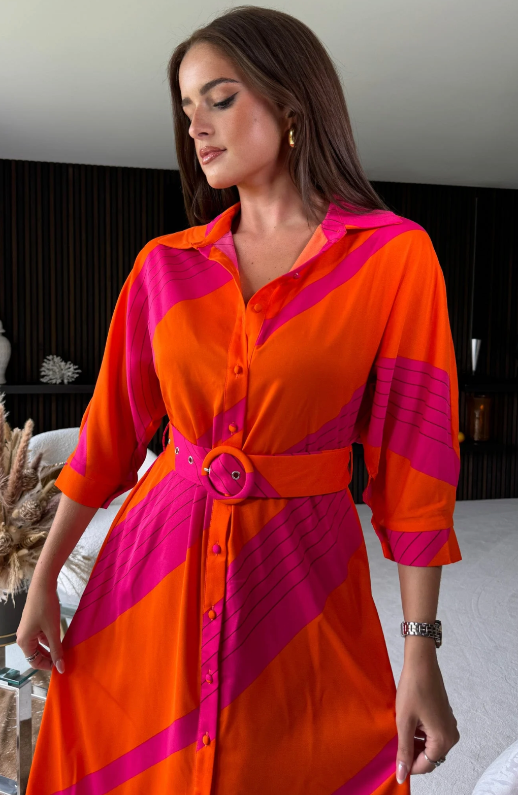 Adrian Orange Pink Buckle Wrap Shirt Dress