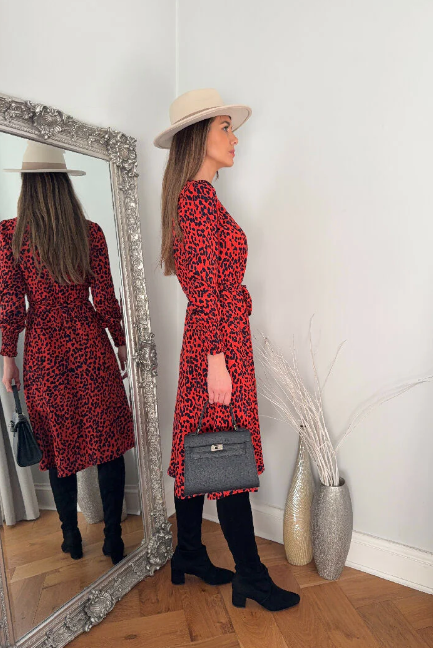 Leopard Print Dress with Self Belt