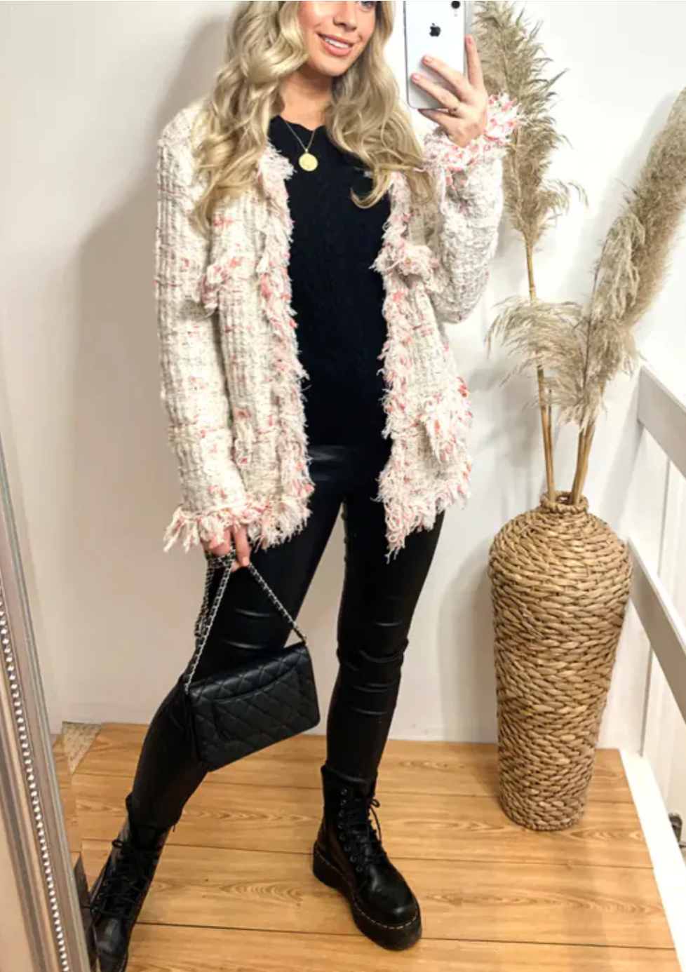White Tweed-Effect Knitted Short Cardigan Jacket
