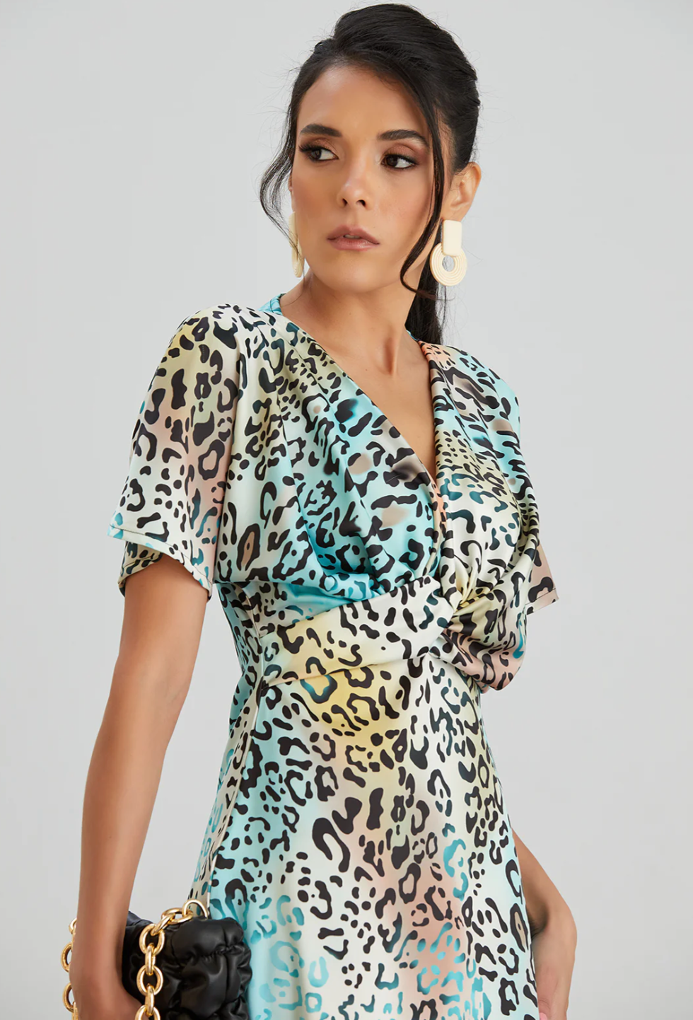 Twist Midi Dress in Mint Leopard print