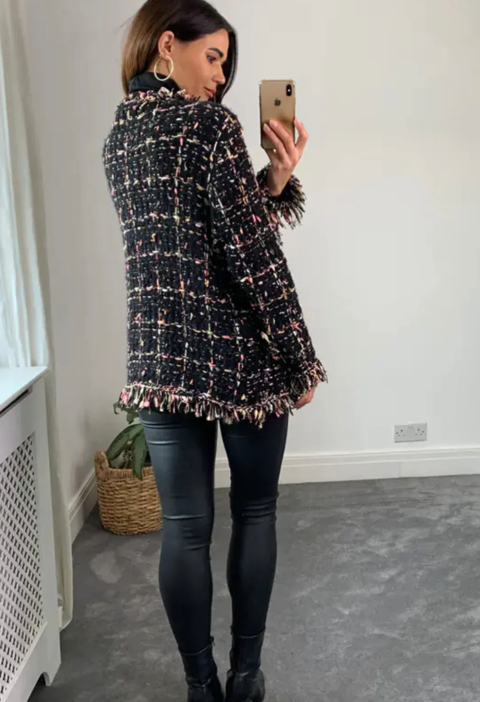 Black and Blue Tweed-Effect Knitted Short Cardigan Jacket