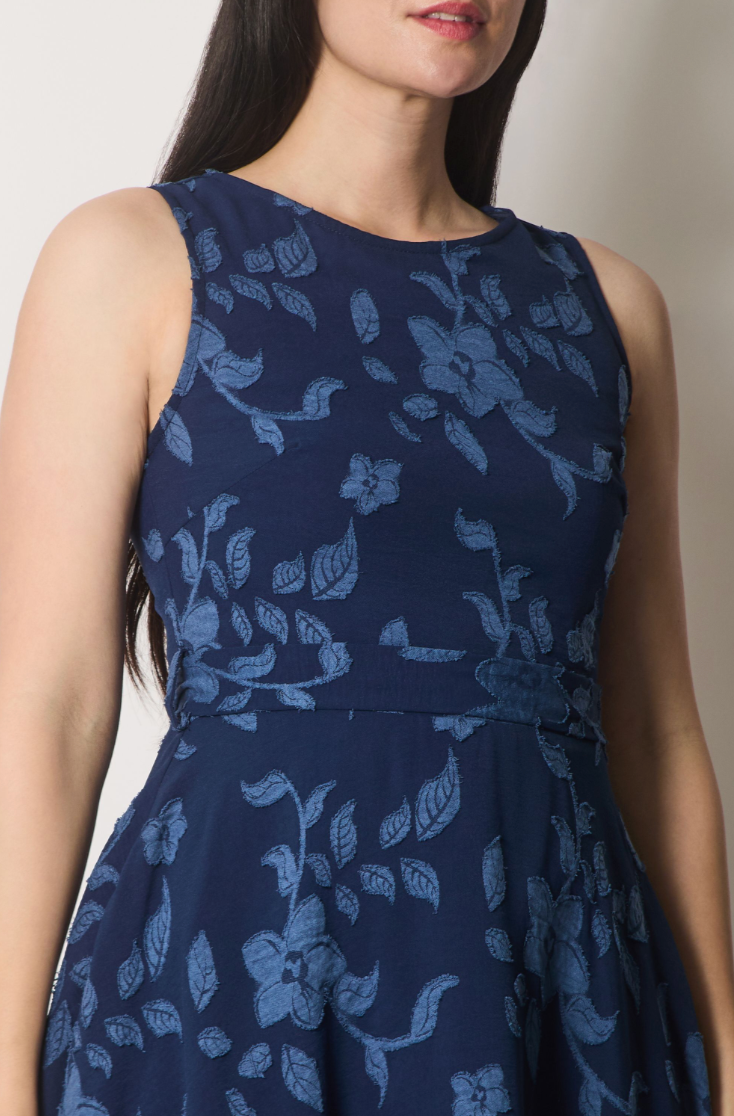 Leafy embroidered fit and flare dress.