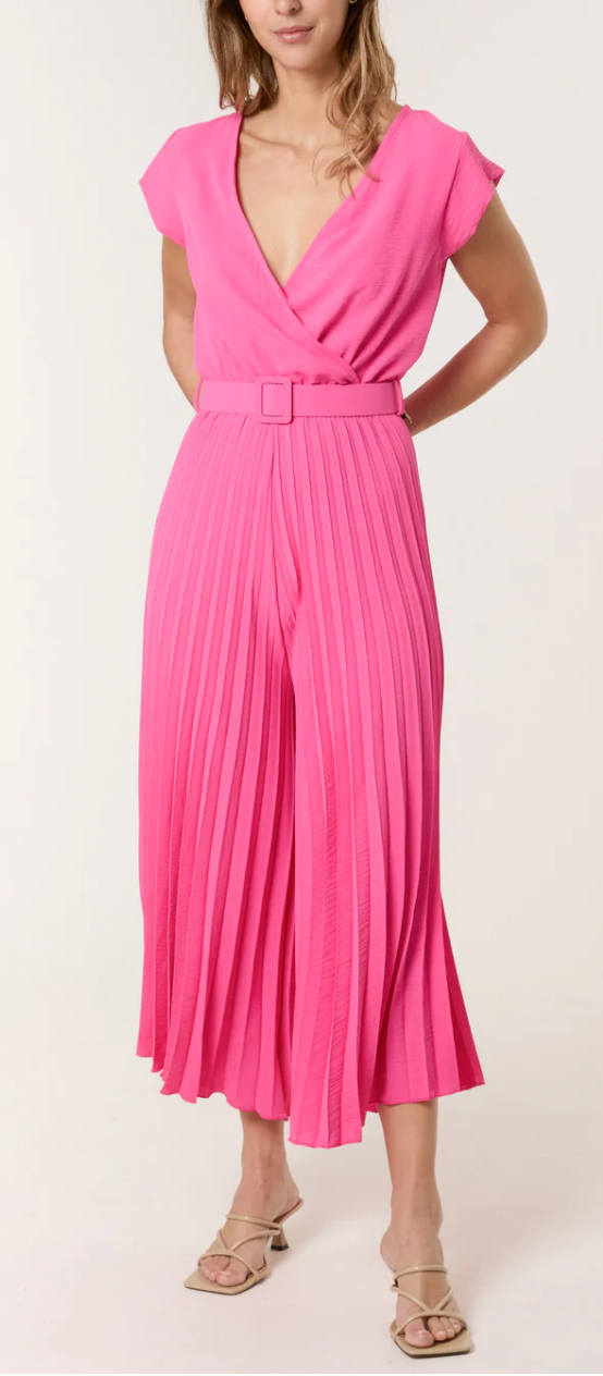 V-Neck Belt Pleated Wide Leg Jumpsuit