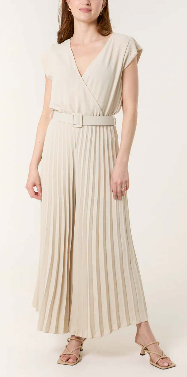 V-Neck Belt Pleated Wide Leg Jumpsuit