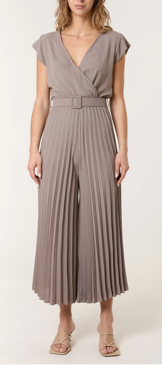 V-Neck Belt Pleated Wide Leg Jumpsuit