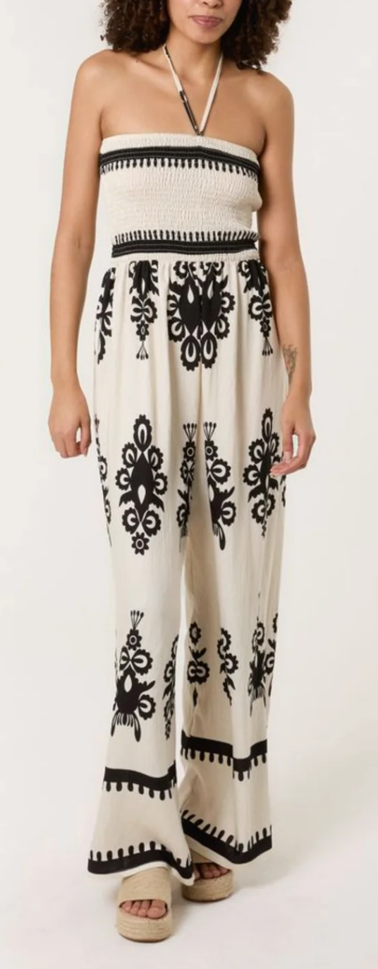 Shirred Bodice Halterneck Printed Jumpsuit