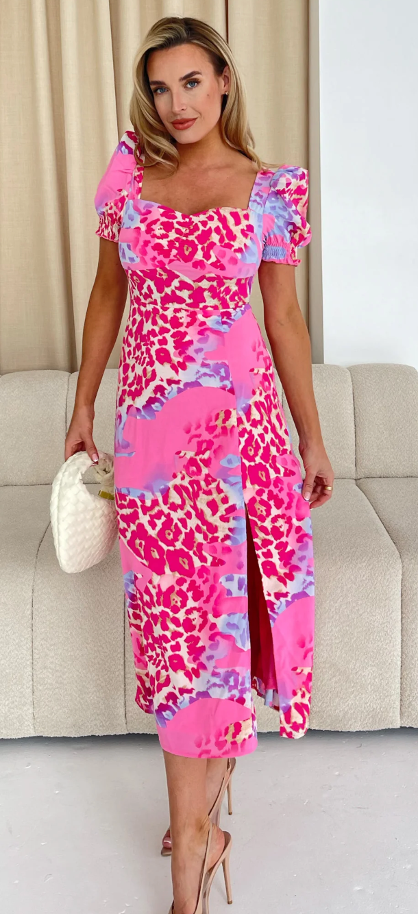 Lillian Pink Animal Sweetheart Midi Dress