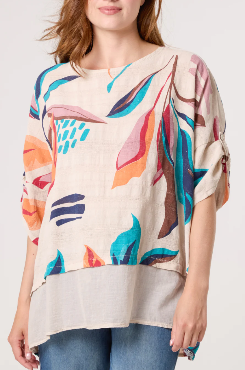 Pure Cotton Contrast Leaves Print Top