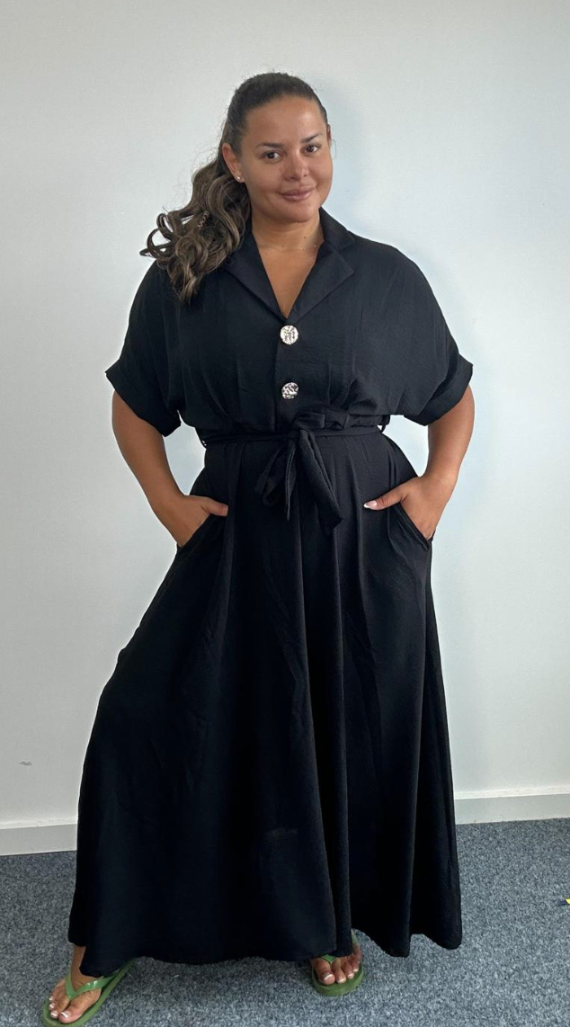 Curve Plus Size Black Button Front Belted Maxi Shirt Dress with Pockets