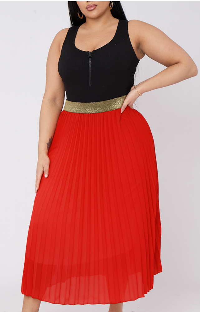 Plus Size Pleated Skirt With Gold Elasticated Waistband