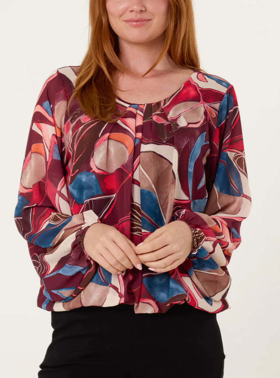Scoop Neck Leave Print Blouse - Wine