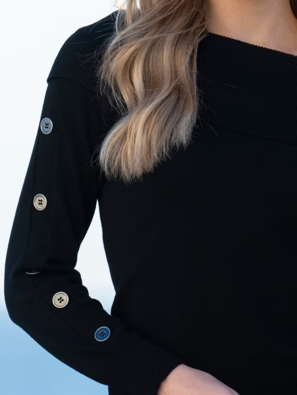 Off Shoulder Button Sweater by Marble