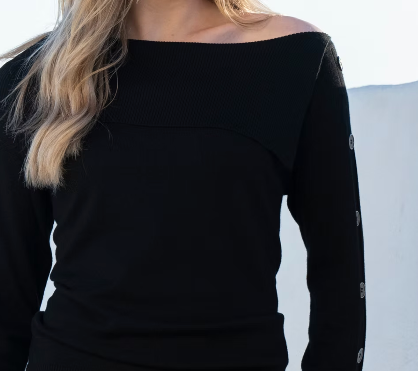 Off Shoulder Button Sweater by Marble