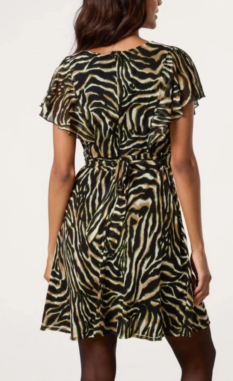 Zebra Print Flutter Sleeve Mini Dress
