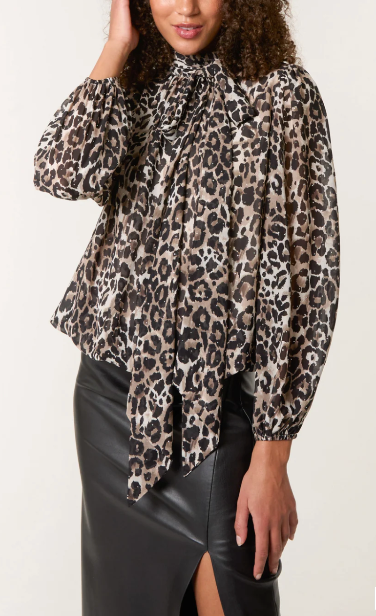 High Tie Neck Diamante Animal Blouse