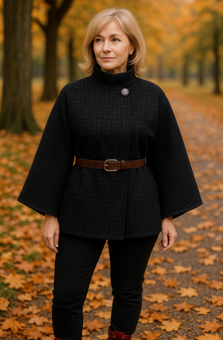 cape-style jacket with a subtle embossed pattern & high, stand-up collar