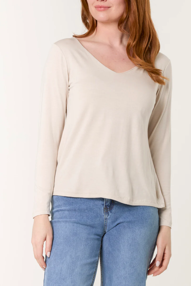 Basic V-Neck Stretch Long Sleeve Top