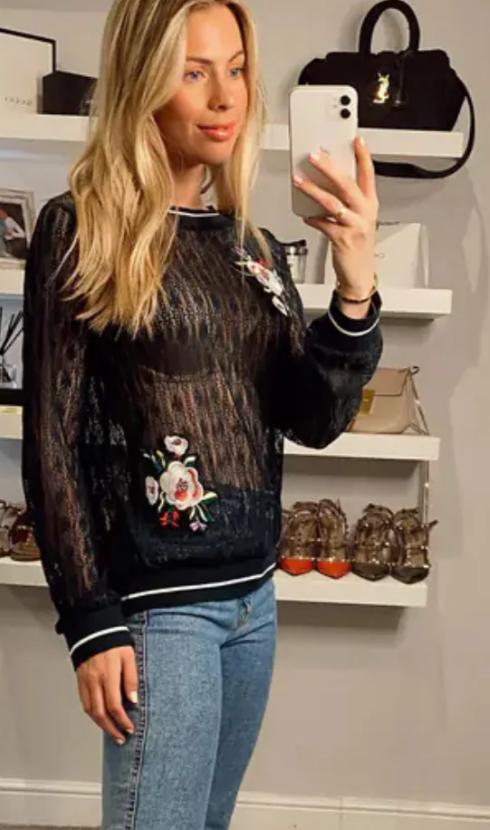 Long Sleeve Lace Top with Rose Floral Patches in Gree