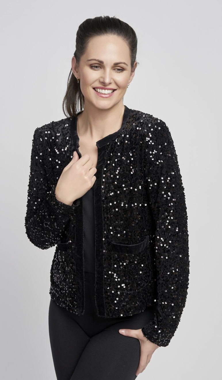 Black Sequin Jacket with Velvet Trim by Pinns