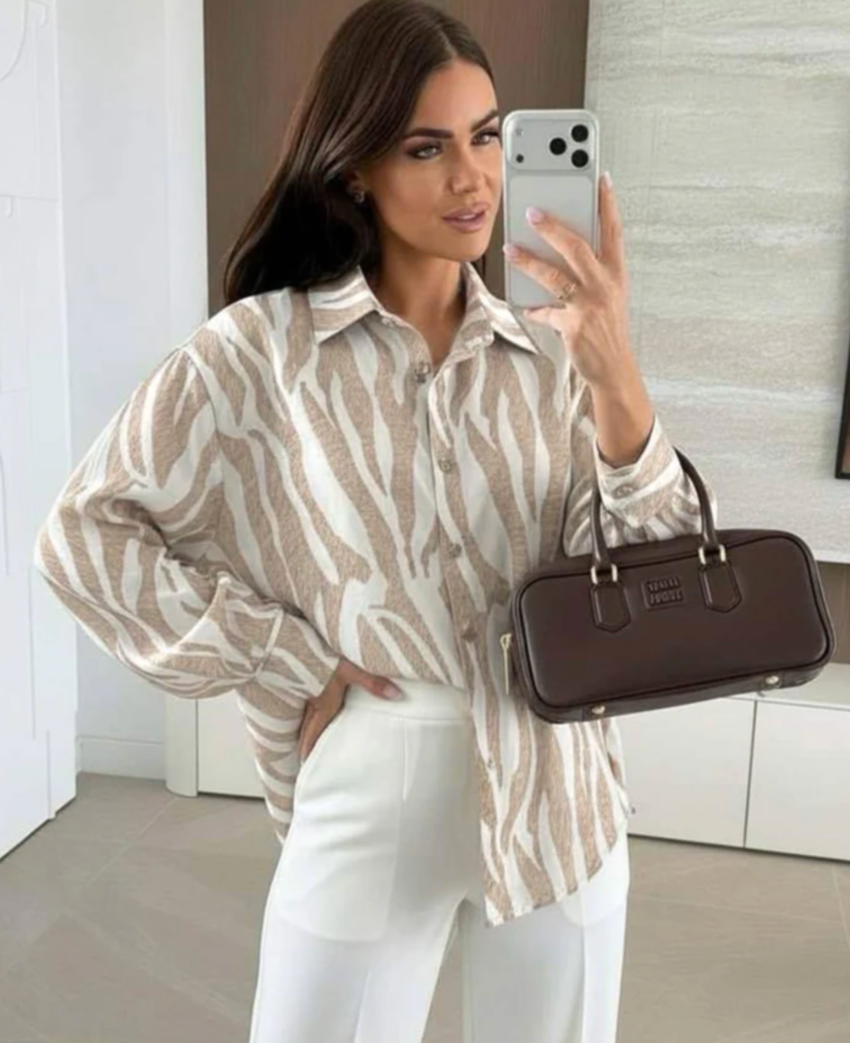 Elona Oversized Abstract Zebra Print Long Sleeve Shirt Top