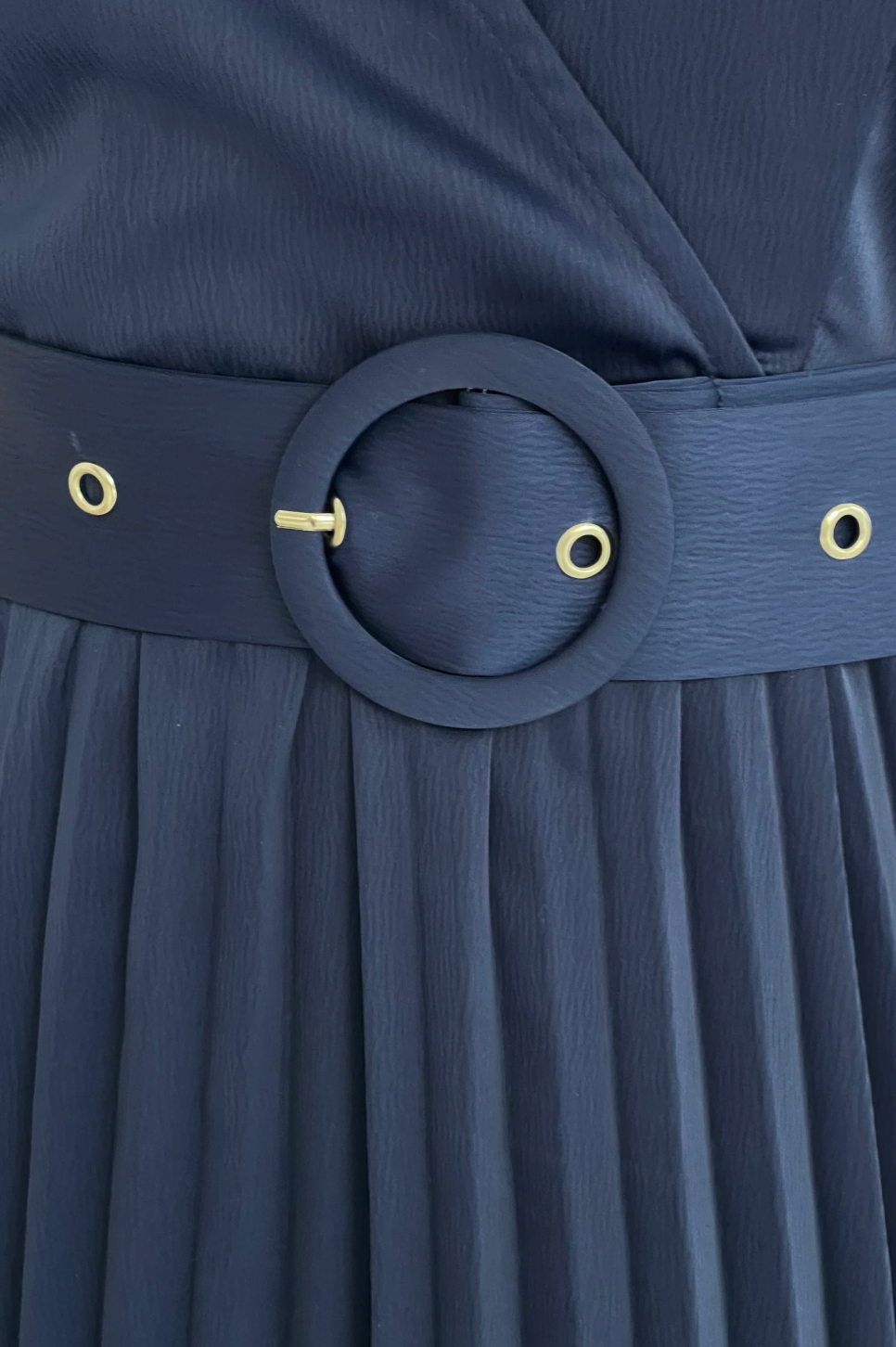 Nicole Asymmetric Pleated Skirt Belted Midi Dress Navy