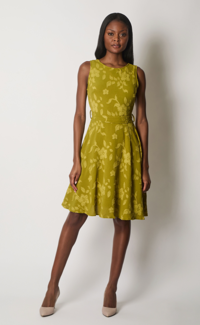 Leafy embroidered fit and flare dress.