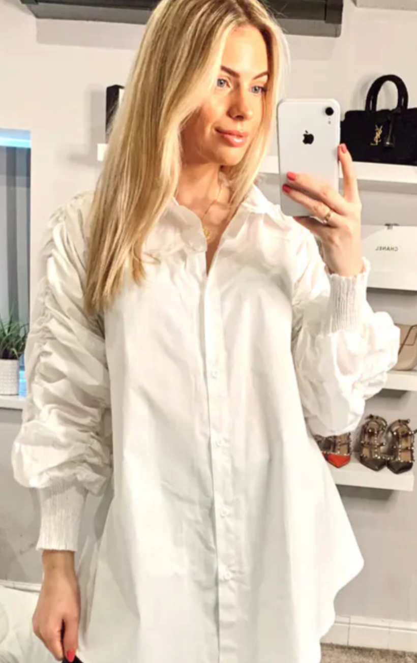 Cotton Shirt with Ruched Sleeve in Black & White