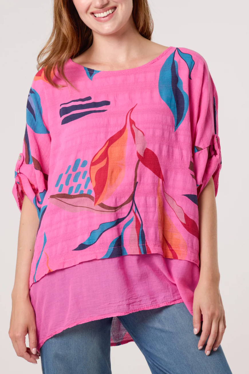 Pure Cotton Contrast Leaves Print Top