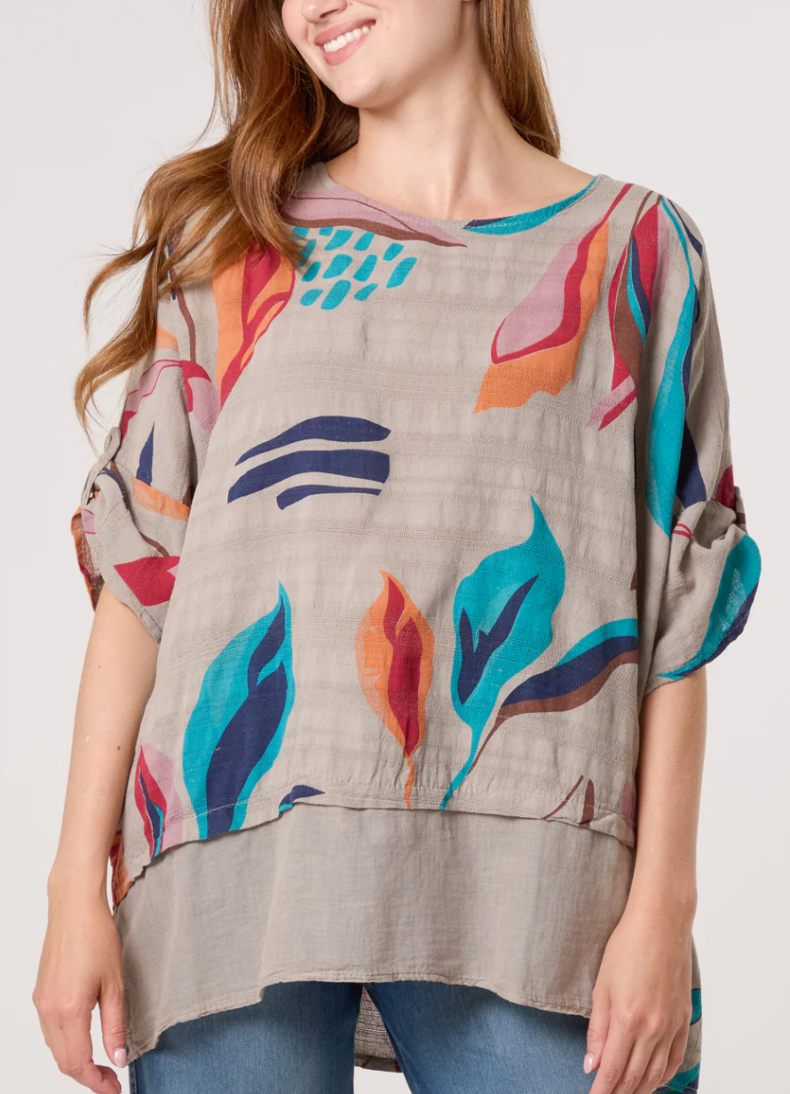 Pure Cotton Contrast Leaves Print Top