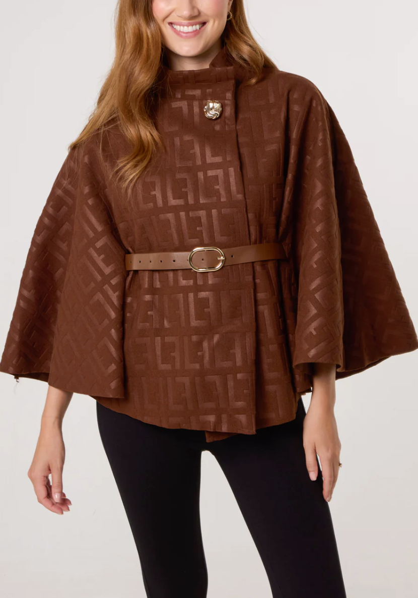 cape-style jacket with a subtle embossed pattern & high, stand-up collar