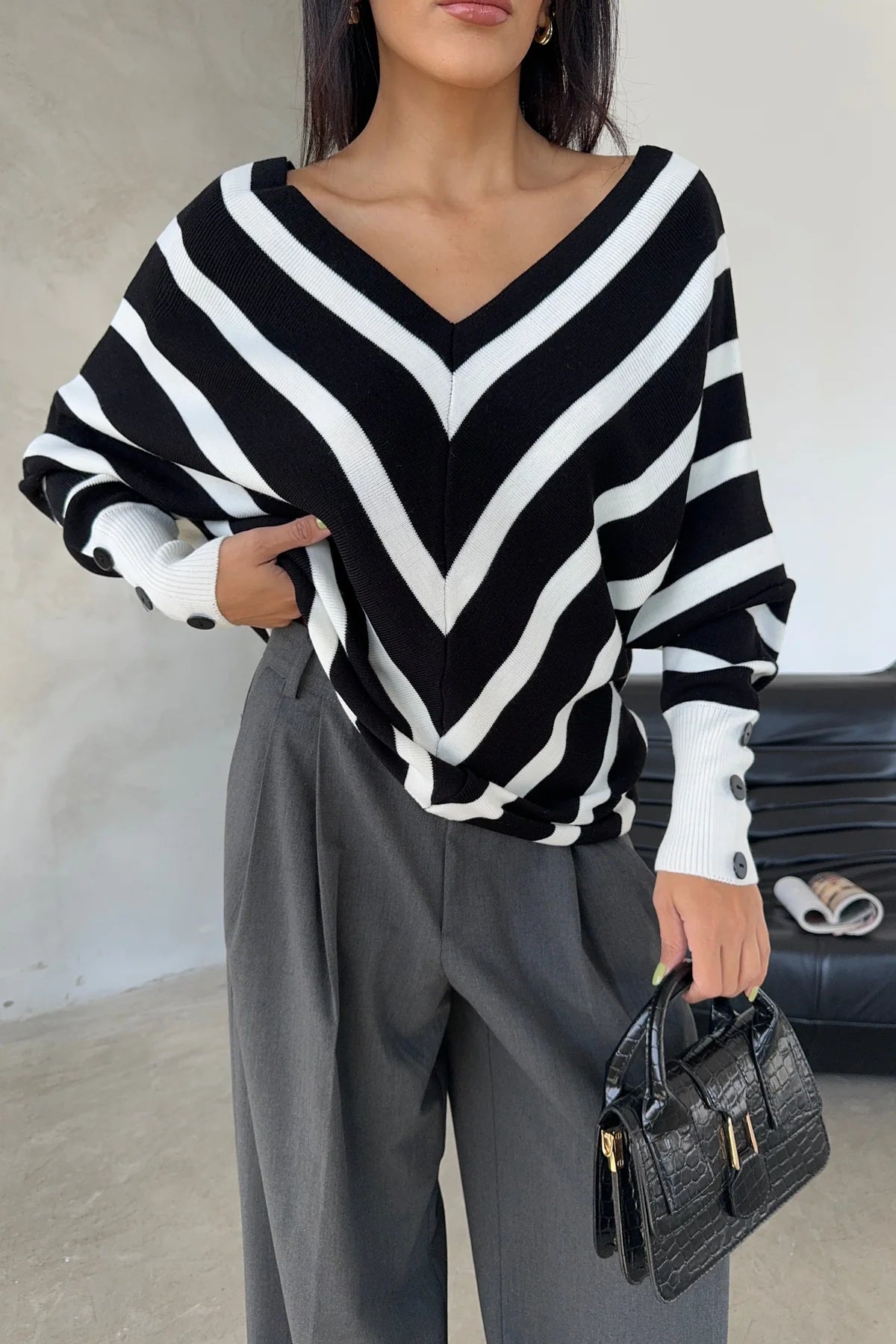 Off Shoulders Striped Knitted Sweater with Buttons in Black/White