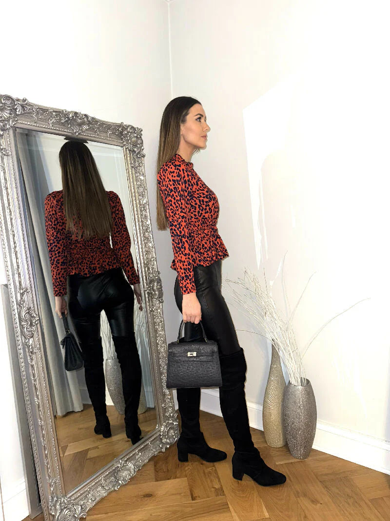 Red Leopard Print Shirred Waist Top