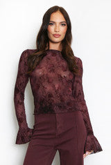 Floral Embroidered Sheer Flare Cuff Top