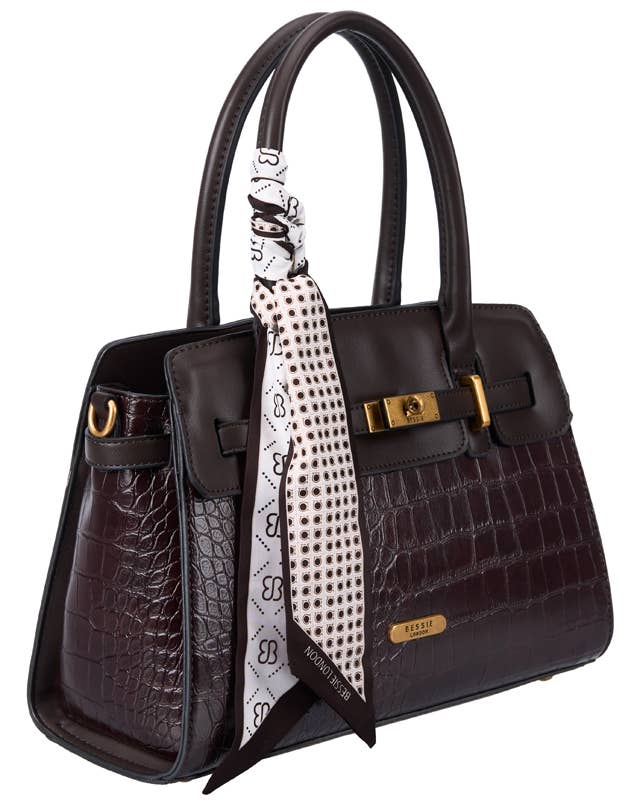 Bessie Croc Belted Tote Bag- Coffee