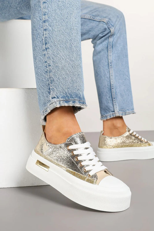 GOLD LACE UP HEART DETAIL CHUNKY STYLISH FLAT TRAINERS
