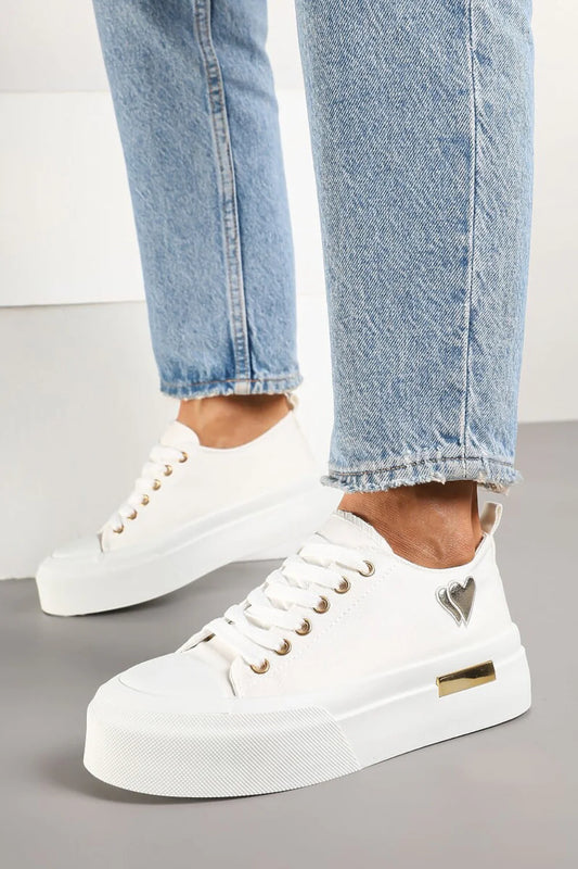 WHITE LACE UP HEART DETAIL CHUNKY STYLISH FLAT TRAINERS