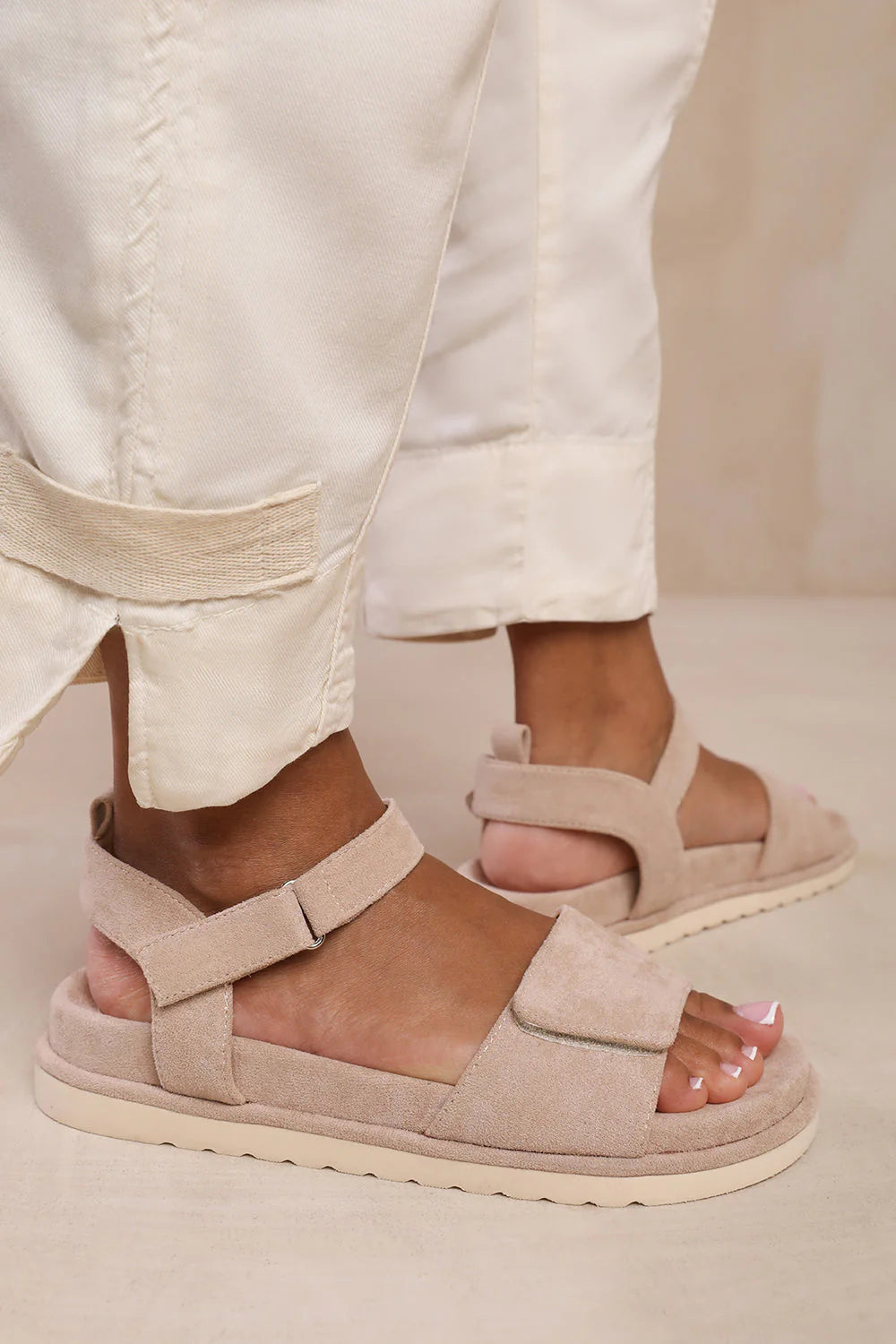 Camel Suede Designer Velcro Strap Sandals