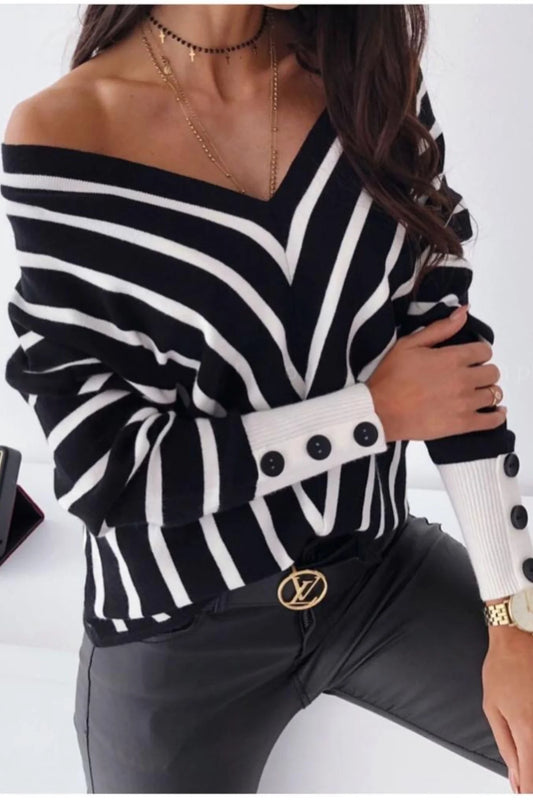 Off Shoulders Striped Knitted Sweater with Buttons in Black/White