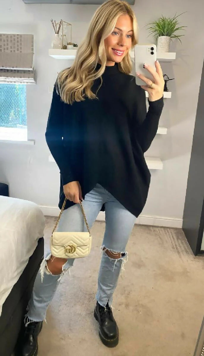 High Low Wool Blend Turtle Neck Ribbed Knit